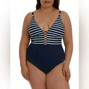 New NWT Woman LA BLANCA navy Blue White Capri Plunge Neck One Piece Swimsuit 16W